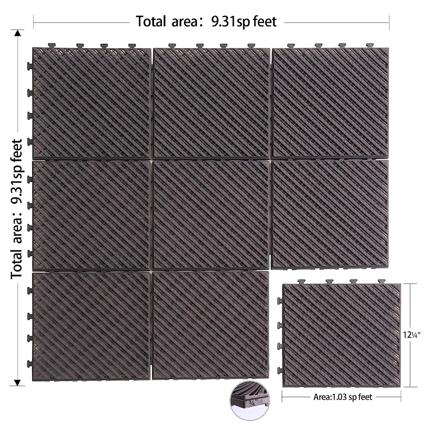 Patio Interlocking Deck Tiles, 12"x12" Square Composite Decking Tiles, Four Slat Plastic Outdoor Flooring Tile All Weather for Balcony Porch Backyard, (Dark Brown, Pack of 27)