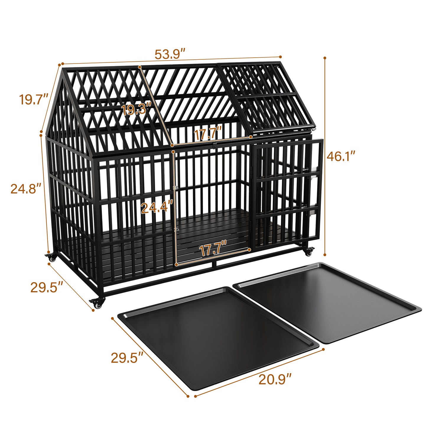 54" Heavy Duty Dog Crate Large Dog cage Strong Metal Dog Kennels and Crates for Large Dogs Top Open with 2 Doors 4 Lockable Wheels 2 Removable Trays