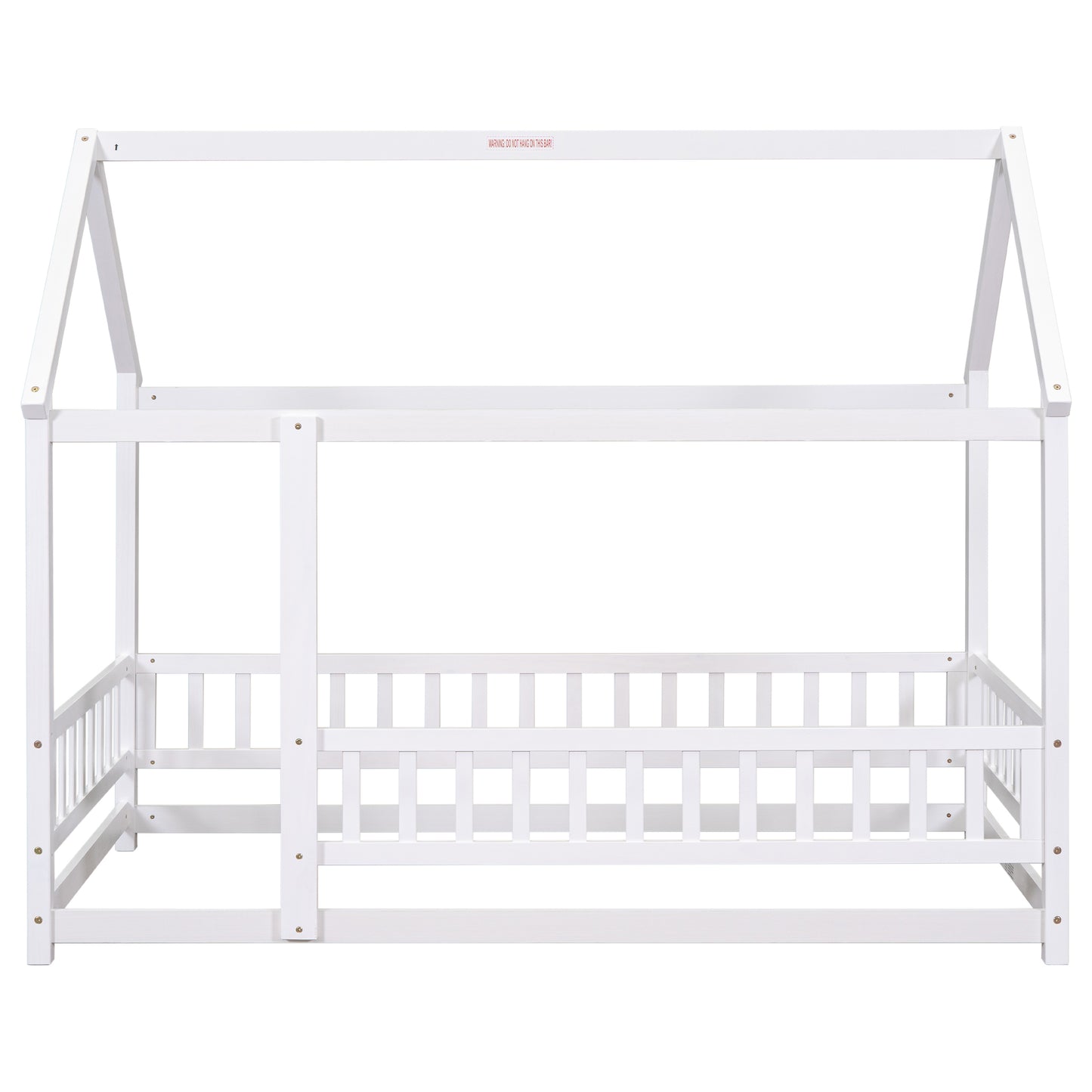 Twin Size Floor Wooden Bed with House Roof Frame, Fence Guardrails,White(Old SKU:W50471472)