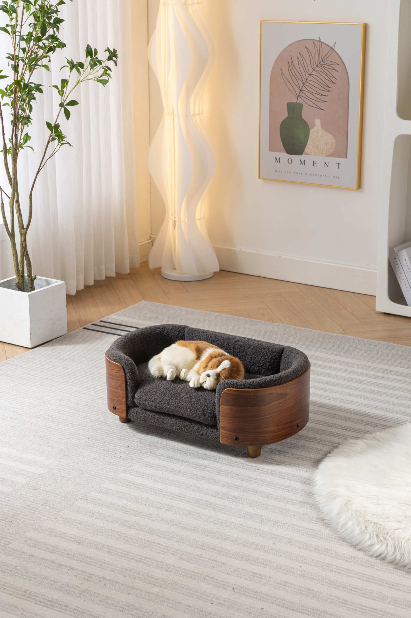 Scandinavian style Elevated Dog Bed Pet Sofa With Solid Wood legs and Walnut Bent Wood Back,  Cashmere Cushion,Small Size