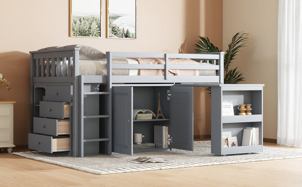 Twin Loft Bed with Storage Cabinet, Drawer and Shelf Cabinet and Pulling-Out Desk, Rubber Wood Loft Bed with Safety Guardrail, Ladder,Grey