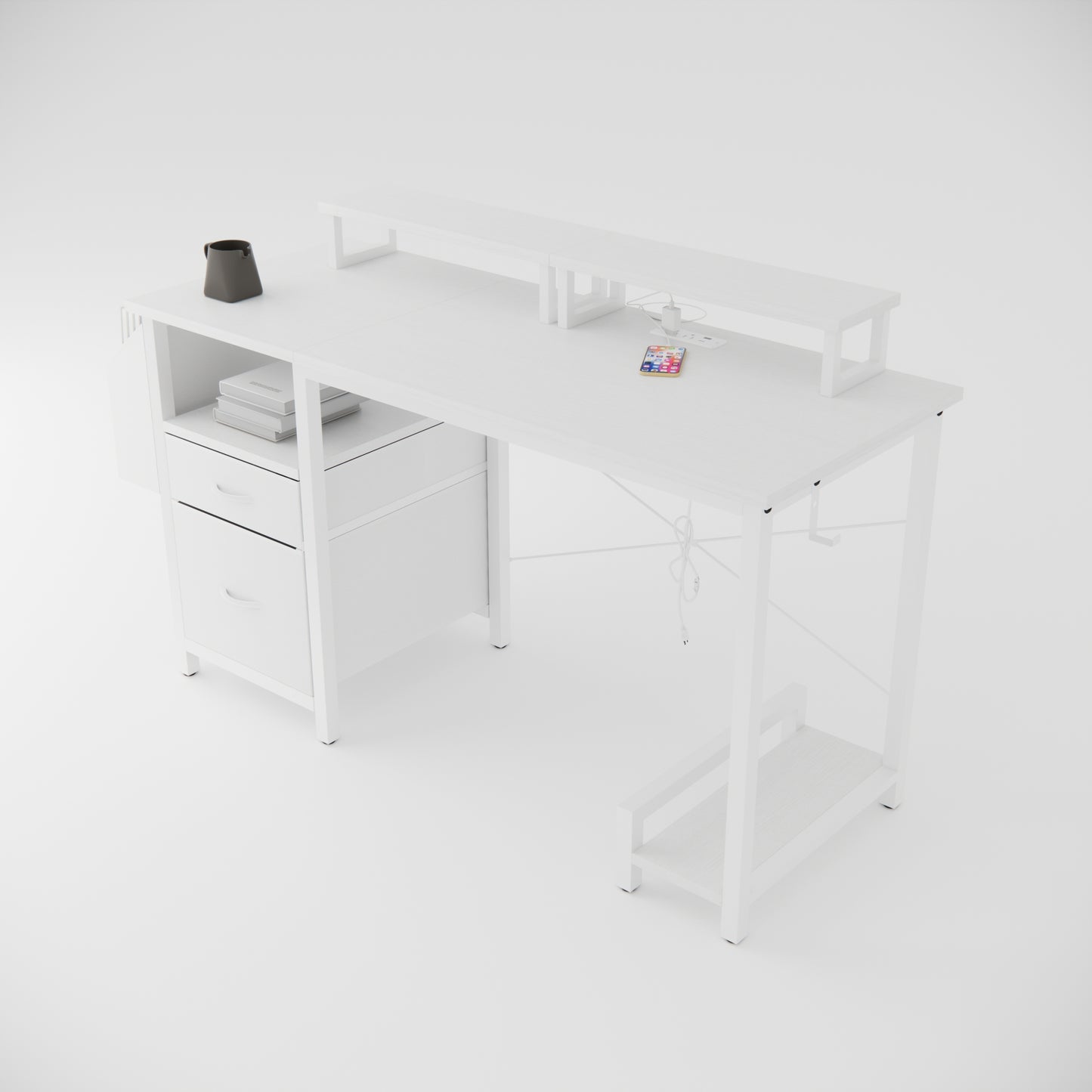 47"office desk with power outlet,2 Monitor Stands,2 drawers,Side Pocket,Easy to Assemble,Frame stability Reversible,use for home desk, computer desk, game table,White