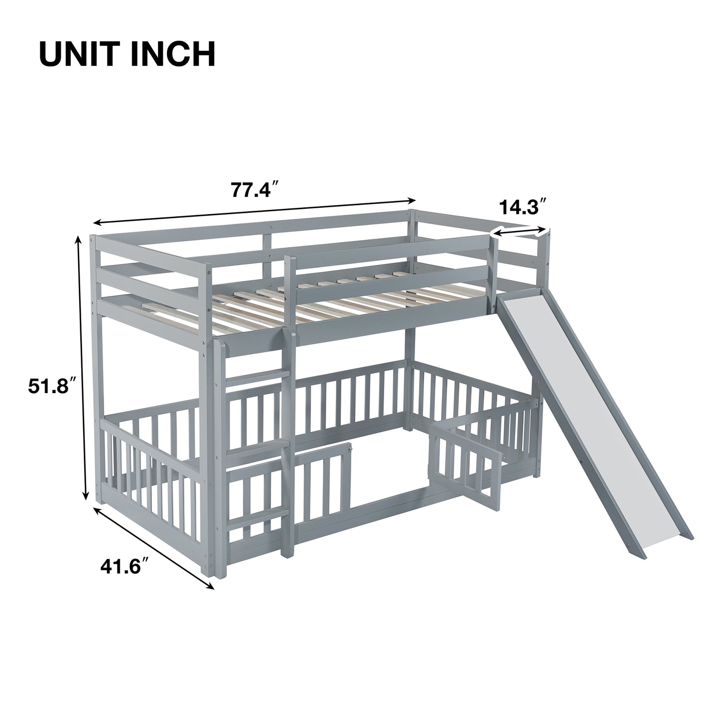 Twin Over Twin Floor Bunk Bed with Slide, Ladder, Door, Safety Guardrails, Solid Pine Wood Bunk Bed ,Grey