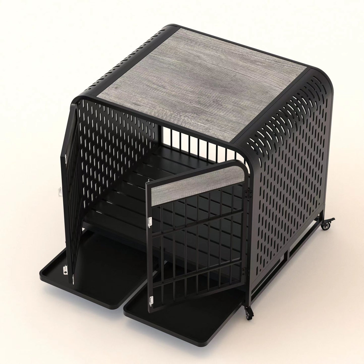 Heavy Duty Dog Crate Furniture Wooden Table Pet Dog Cage Kennel House Indoor Side End Table Decor with Removable Trays and Lockable Wheels for Medium and Large Dogs 42" Grey