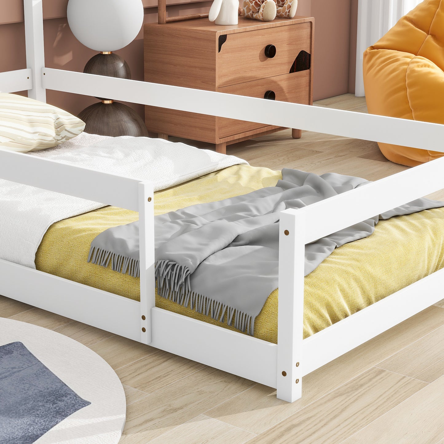 Twin Size Wood bed with House-shaped Headboard Floor bed with Fences,White