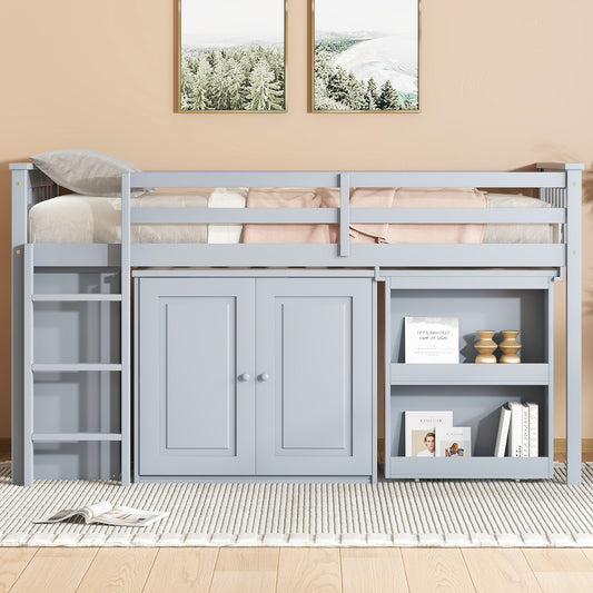 Twin Loft Bed with Storage Cabinet, Drawer and Shelf Cabinet and Pulling-Out Desk, Rubber Wood Loft Bed with Safety Guardrail, Ladder,Grey