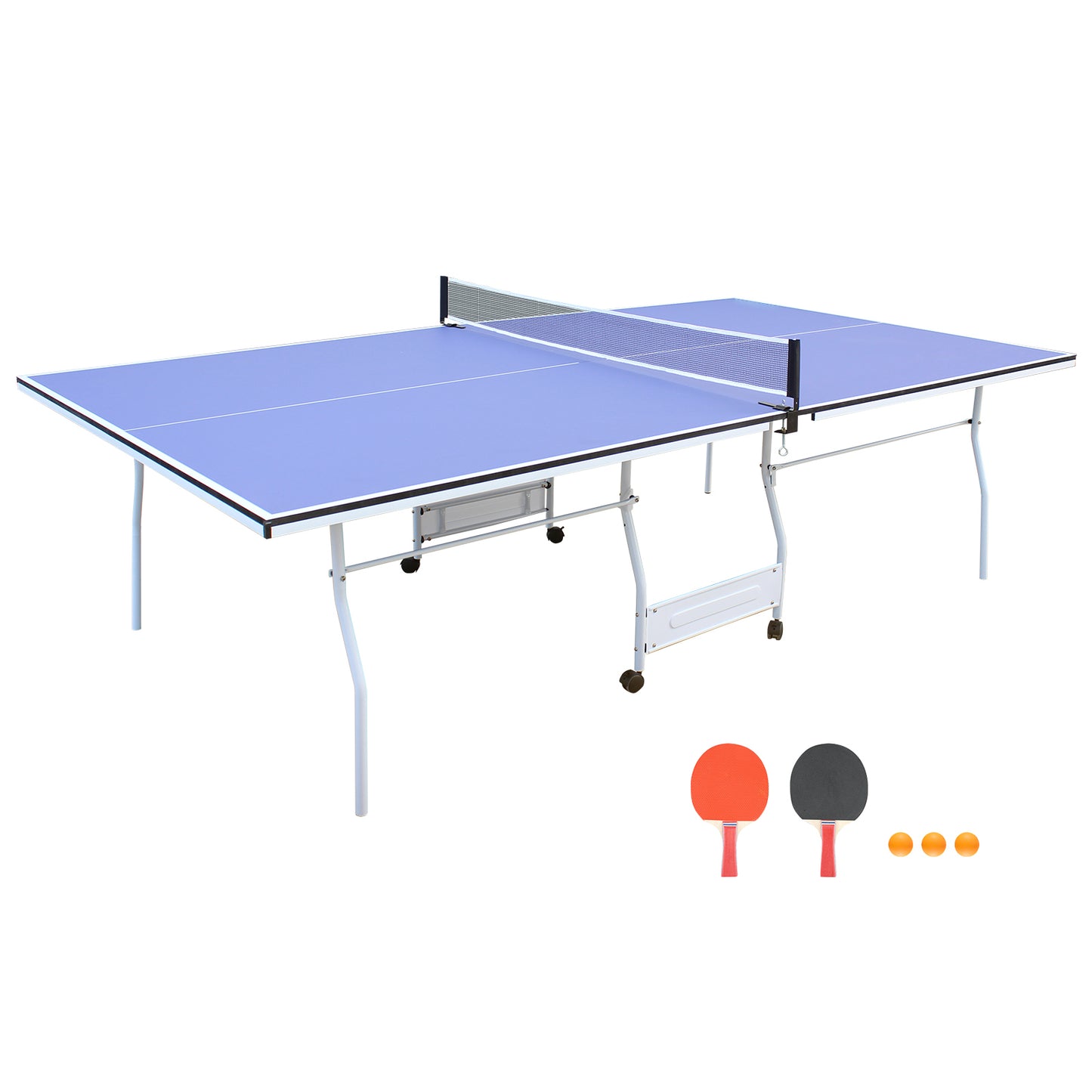 9ft Mid-Size Table Tennis Table Foldable & Portable Ping Pong Table Set for Indoor Games with Net, 2 Table Tennis Paddles and 3 Balls