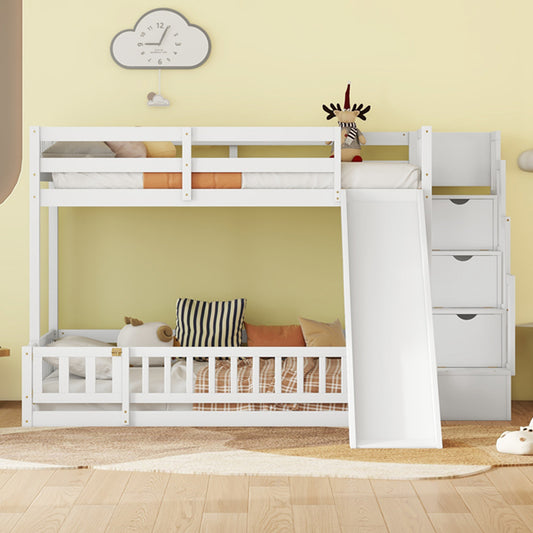 Twin Over Full Bunk Bed with Slide, Storage Staircase, Pine Solid Wooden Bunk Bed with Safety Guardrails,White