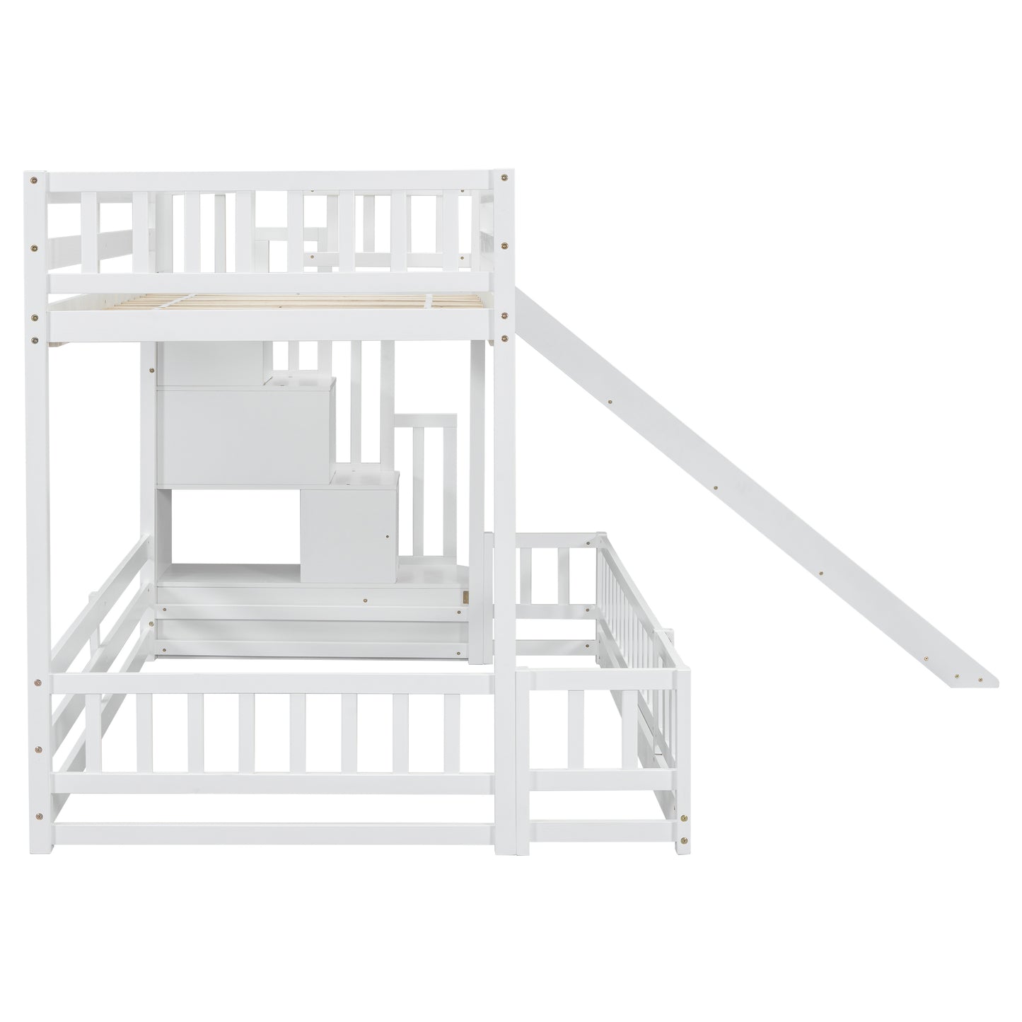 Twin Over Full Bunk Bed with Slide, Storage Staircase, Pine Solid Wooden Bunk Bed with Safety Guardrails,White