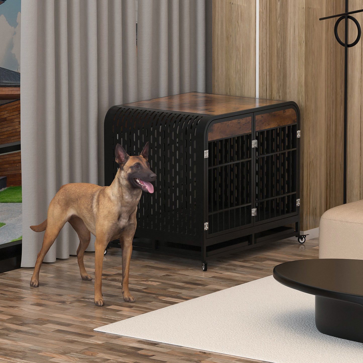 Heavy Duty Dog Crate Furniture Wooden Table Pet Dog Cage Kennel House Indoor Side End Table Decor with Removable Trays and Lockable Wheels for Medium and Large Dogs 42" Brown