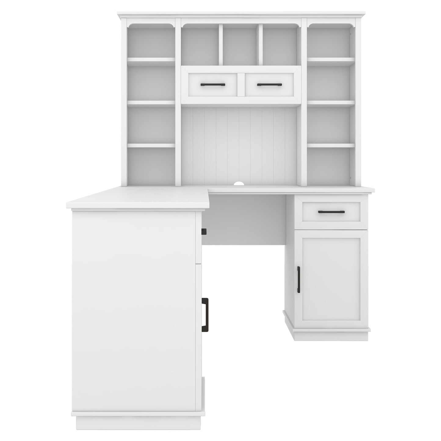 L-shaped computer desk with 2 cabinets and 2 drawers underneath the table, 11 open shelves and a flip-up shelf with storage on the right side, suitable for study, living room and office, White