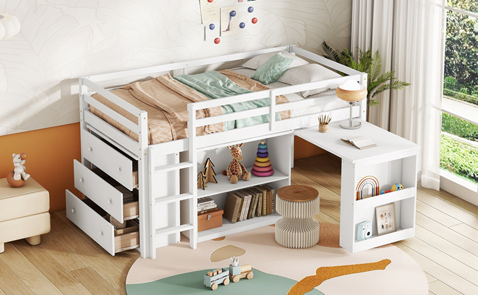 Twin Loft Bed w. stroage case ,drawers,Twin Loft Bed with ,Drawer Cabinet, Shelf Cabinet and Pulling -Out Desk,Rubber Wood Loft Bed with Safety Guardrail ,Ladder,White