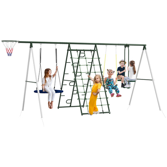 Outsunny 528 lbs Swing Set for Backyard, 5 in 1 Heavy-Duty A-Frame Stand Outdoor Playset for Kids, with Saucer Swing, Slide, Swing Seats, Glider, Basketball Hoop, Climbing Steps and Net