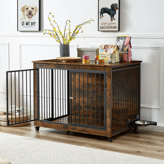 Furniture Style Dog Crate Side Table With Rotatable Feeding Bowl, Wheels, Three Doors, Flip-Up Top Opening. Indoor, Rustic Brown, 43.7"W x 30"D x 33.7"H