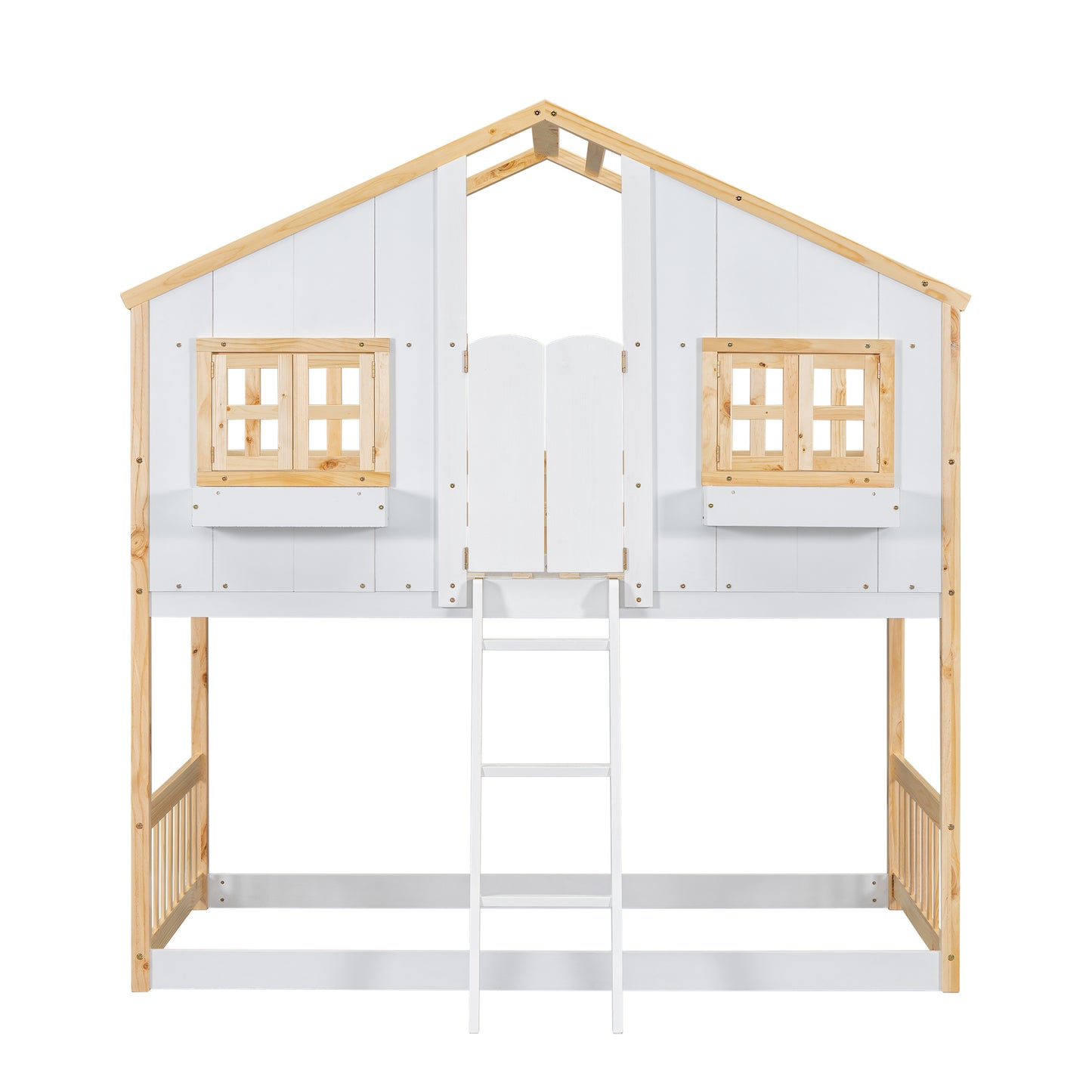 Twin over Twin House Bunk Bed with Roof , Window, Window  Box, Door , with Safety Guardrails and Ladder, Natural/White