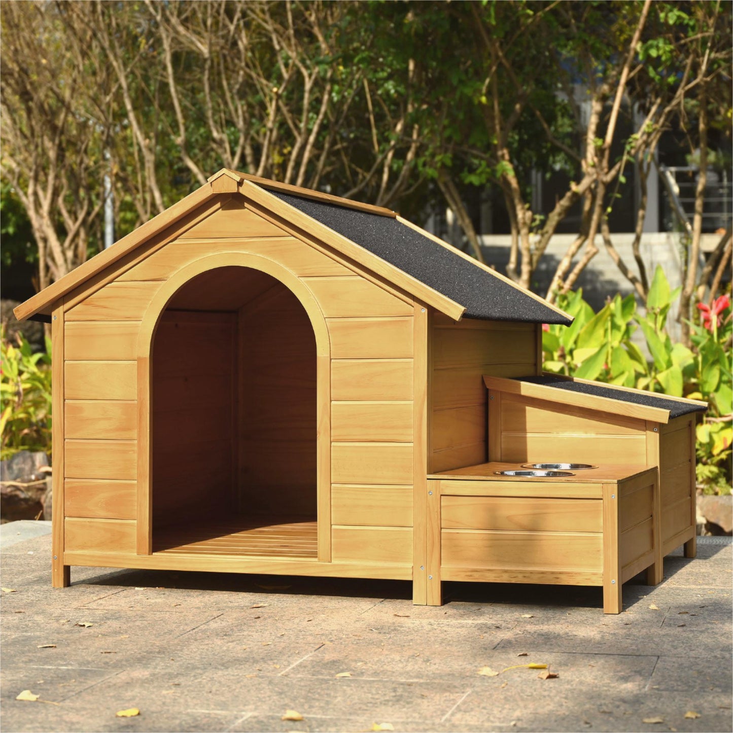 GO 51.18" L x 43.7" W x 37" H Large Size Wooden Dog House, Dog Crate For large dog breeds, Cabin Style Raised Dog Shelter with Asphalt Roof, Solid Wood, Weatherproof, Nature