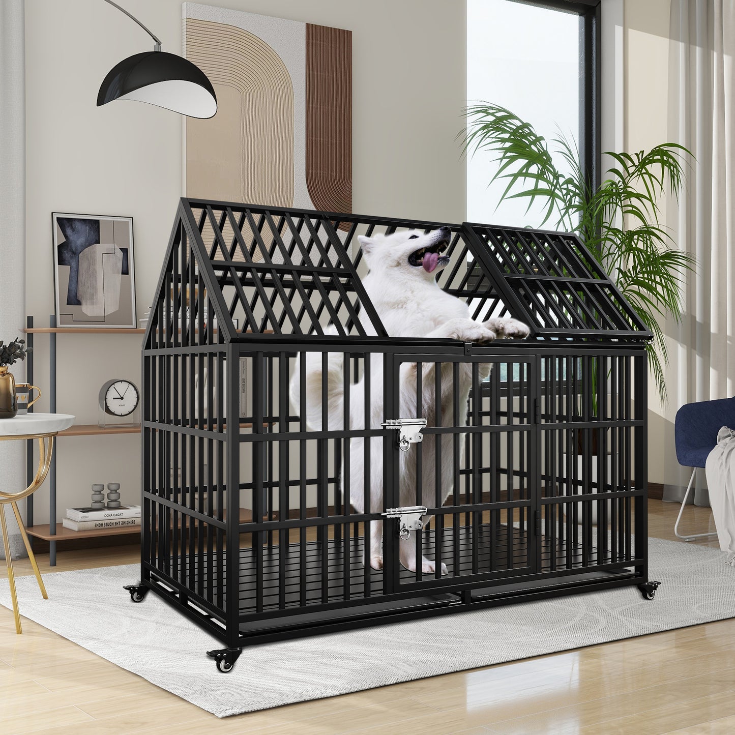 54" Heavy Duty Dog Crate Large Dog cage Strong Metal Dog Kennels and Crates for Large Dogs Top Open with 2 Doors 4 Lockable Wheels 2 Removable Trays