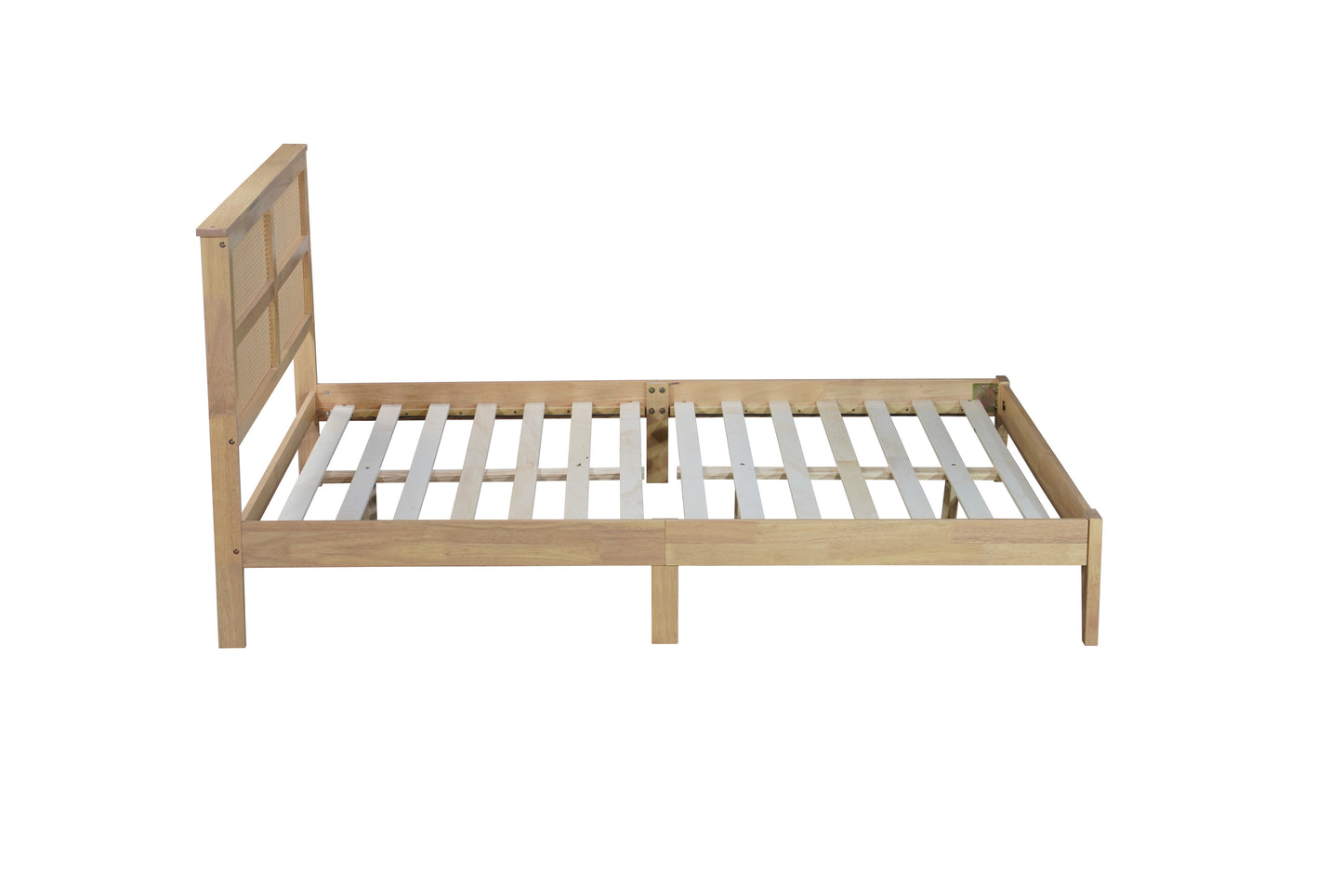 Queen Size Rubber Wooden, Solid Wooden Bed with Rattan Headboard, Enhanced by Support Feet,Oak White