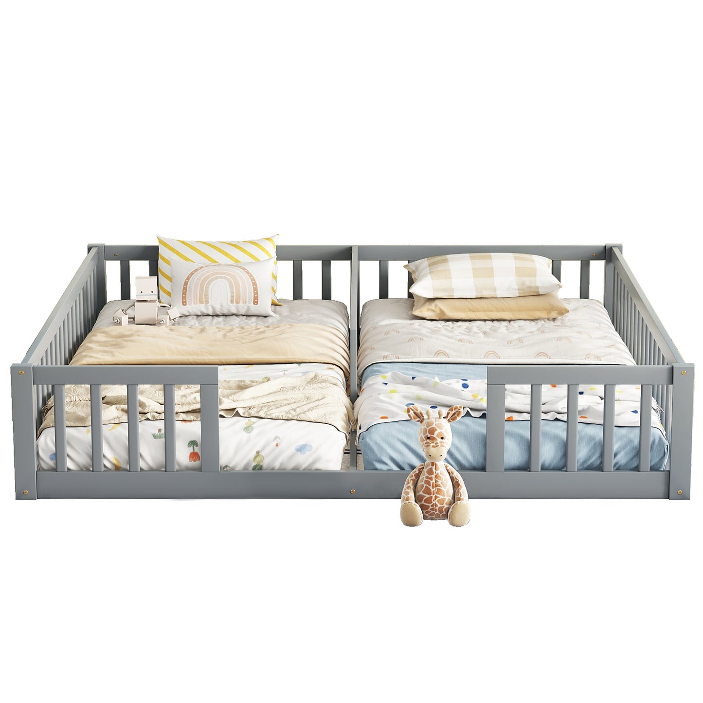 Double Twin Floor Bed with Fence, Guardrails, without door, Grey