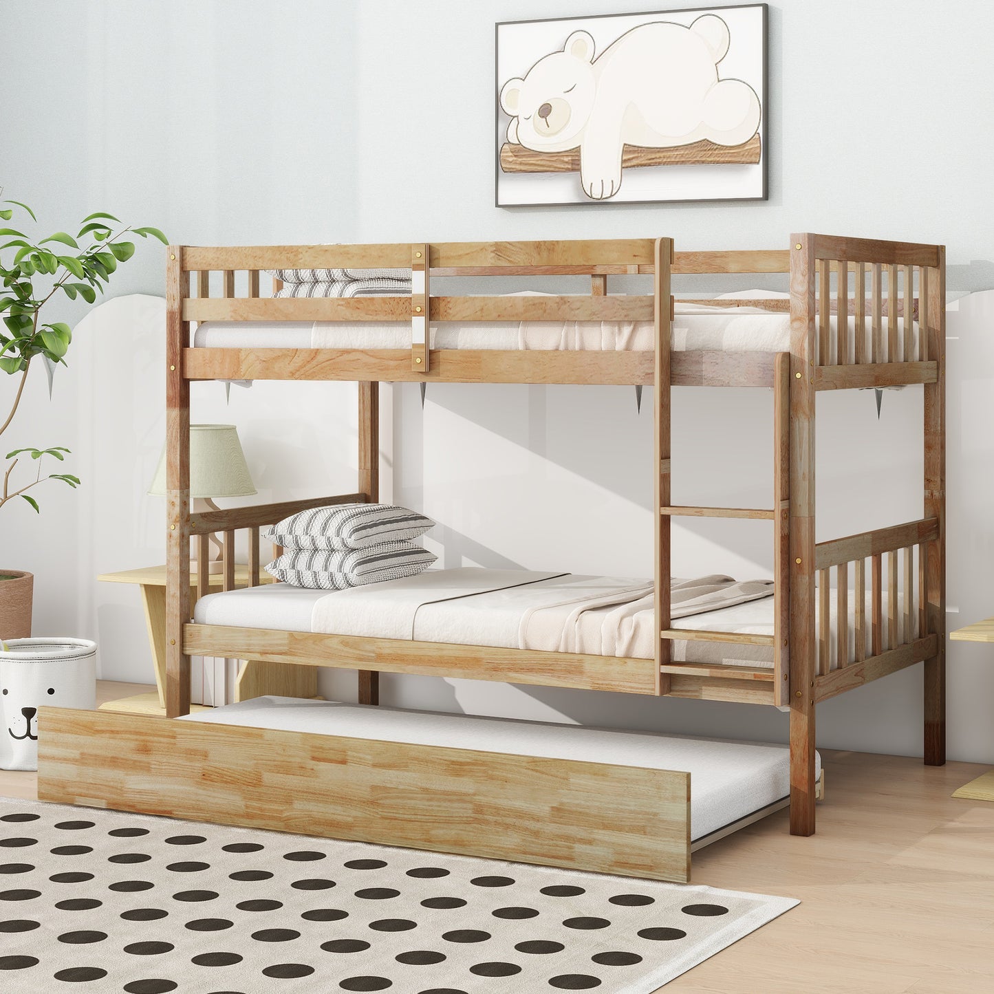 Twin Over Twin Rubber Wood Bunk Bed with Trundle, Convertible into 2 Twin Size Beds, Twin Size Bunk Bed with Ladder and Safety Guardrails,Natural