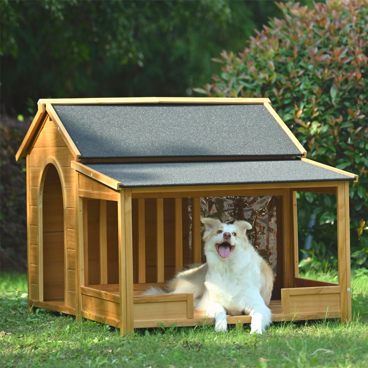 60.2" Large Wooden Dog House with Porch, Cabin Style Dog Crate with Asphalt Roof and Elevated Floor, Dog Kennel with Side Window and Doors, Perfect for Medium & Large Dogs, Nature