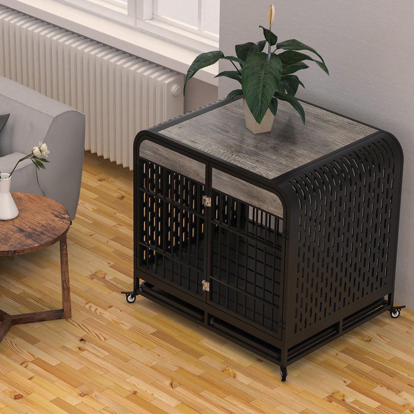 Heavy Duty Dog Crate Furniture Wooden Table Pet Dog Cage Kennel House Indoor Side End Table Decor with Removable Trays and Lockable Wheels for Medium and Large Dogs 42" Grey